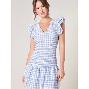 Sugar Lips Everleigh Gingham Blue And White Plaid Smoked Mini Dress - Medium